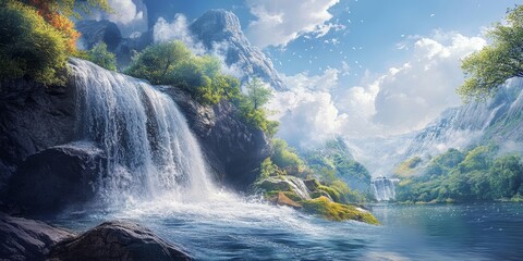 Fototapeta premium Dynamic water stream cascading forcefully onto a rock, creating splashes against a stunning landscape backdrop. This captivating water stream enhances the beauty of nature s scenery.