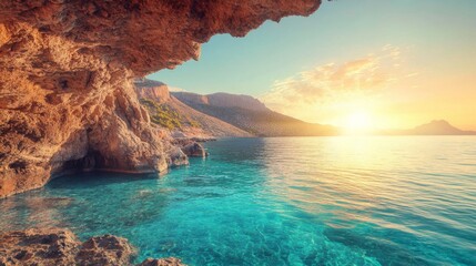 Coastal Cave Sunset Over Turquoise Sea And Mountains