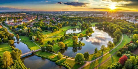 Fototapeta premium Voldenpark's vibrant green spaces, scenic paths, and cityscape, captured in stunning aerial drone photography.