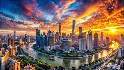 Obraz premium Panoramic Cityscape at Dawn: Stunning Urban Skyline View