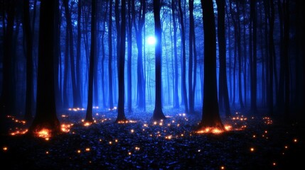 Enchanted Woods. Mysterious blue forest with glowing fireflies at nigh