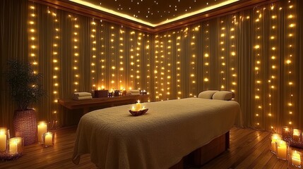 Serene Spa Room with Soft Lighting, Candles, and Cozy Atmosphere for Relaxation