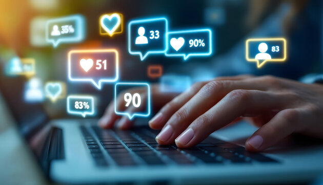 Social Media Engagement on Laptop, Typing on Laptop with Social Media Icons, Online Interaction and Social Media Notifications