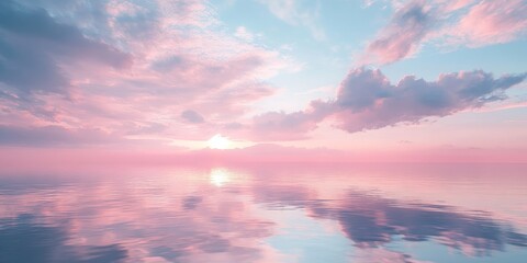 Serene morning sky and water reflection featuring pink mother of pearl hues, complemented by beautiful clouds creating a stunning visual of tranquility over the water.