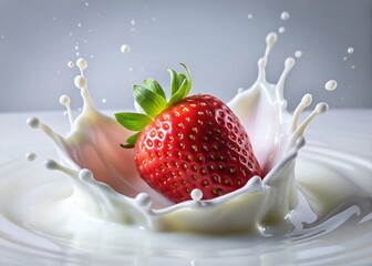 Panoramic Floating Strawberry in Milk Splash - Fresh Dairy Product Stock Photo