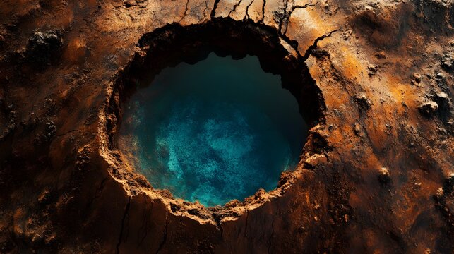 Close-up of a volcanic crater lake in Kerio, wiP vibrant blue waters surrounded by red volcanic soil, in 4K resolution