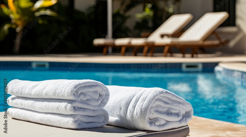 Poster A serene poolside setup with neatly stacked towels and a clean pool with crystal clear water, A sunny outdoor area with comfortable lounge chairs, Minimalist leisure style