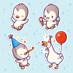Vector set of stickers with children cute characters. Penguin and goose on party. Funny birds. Positive emotions.