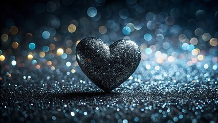Panoramic Glitter Heart - Black Heart with Silver Sparkle Background