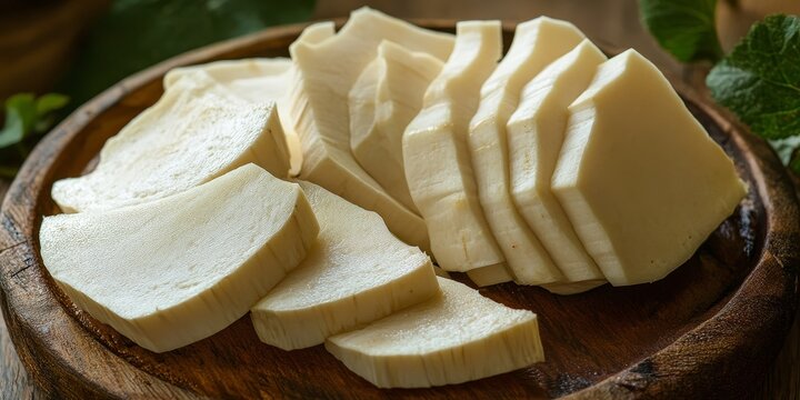 Sliced elephant foot yam, also known as suran, ready for various cooking preparations, showcasing the unique texture and versatility of elephant foot yam in culinary dishes.