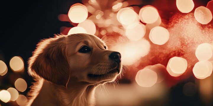 A golden retriever puppy stares at fireworks, its eyes sparkling with wonder. Happy dog silhouettes are seen against a blurred night sky filled with festive lights. - Powered by Adobe