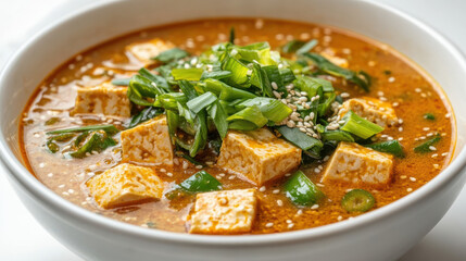 A bowl of deep red curry soup with a glossy surface, loaded with golden tofu cubes and slices of vibrant bell peppers, garnished with thinly sliced scallions and sesame seeds. Presented cleanly agains