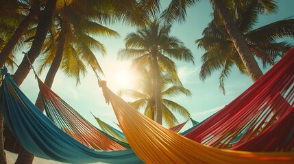 Multiple angles of colorful hammocks tied between palm trees swaying under bright sunlight, in 4K resolution