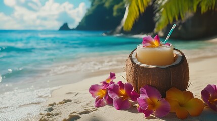 Close-up of a coconut drink served on a pristine beach, wiP vibrant flowers as decoration, in 4K resolution