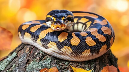 Fototapeta premium Colorful Ball Python Coiled on Log Surrounded by Fall Leaves in Vibrant Autumn Setting