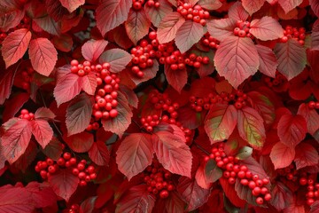 Naklejka premium Clusters of red berries nestled among vibrant red leaves create a stunning autumnal display