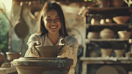 Joyful potter with muddy hands holding clay bowl in sunlit studio closeup image. Handmade pottery woman, artisan workshop close up photography. Creative craft concept photo realistic