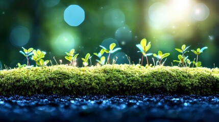 Obraz premium Lush Green Moss Sprouting Seedlings Nature Background Cinematic Lighting Forest Scene