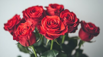 Obraz premium Closeup of a vibrant bouquet of red roses set against a white background, capturing the beauty and elegance of red roses in stunning detail. Perfect for showcasing red roses in floral art.
