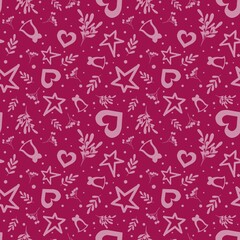 Christmas seamless pattern design, background New Year, monochrome hearts, stars berries and mistletoe on bright berry background