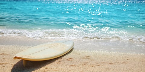 Obraz premium A banner showcasing a surfboard resting on a moist sandy shore, with a serene blue ocean behind. Focus is on the calm sea and the clear, shimmering blue water surface.