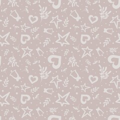 Christmas seamless pattern design, background New Year, Monochrome hearts, stars berries and mistletoe on pastel beige background.