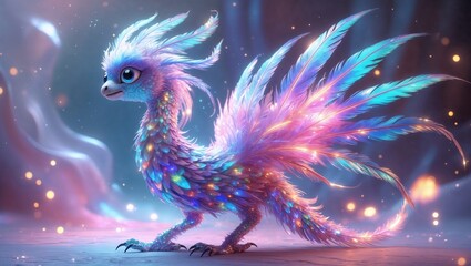 Fototapeta premium Beautiful magical fantasy whimsical creature composed entirely of vibrant, iridescent feathers that shimmer with a plasma energy glow