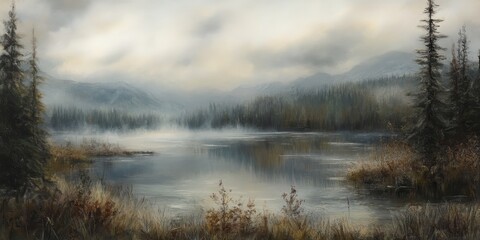 Fototapeta premium Overcast day landscape, showcasing the beauty of nature in a unique way. This landscape captures the essence of an overcast day, highlighting the serene qualities of the landscape.