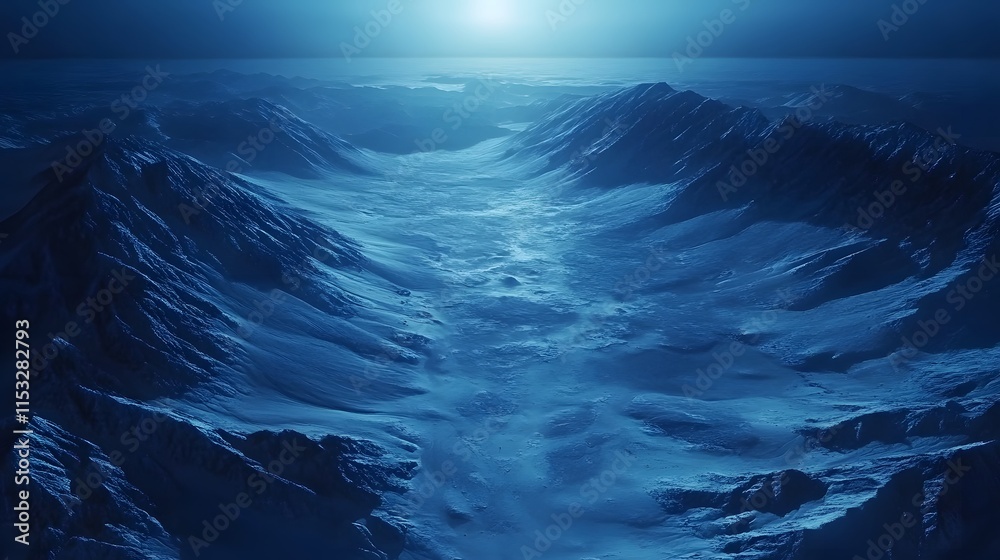 Poster aerial view of pe gobi desert dunes glowing under soft moonlight, wip pe dramatic contrast of light 