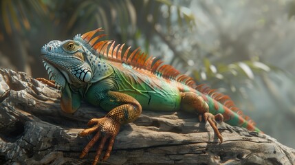 Obraz premium A colorful iguana with shades of green, orange, and blue, basking on a log against a plain background.