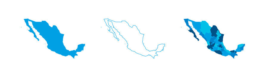 Mexico set of three maps - solid map, outline map and map highlighting administrative divisions. Three distinct maps illustrate various representations of a geographical area.