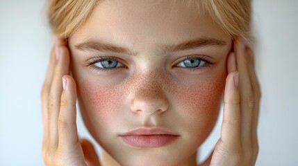 Close-up of young girl with freckles and blue eyes. Ideal for skincare, beauty, or natural cosmetics campaigns. Emphasizes youth and healthy skin.