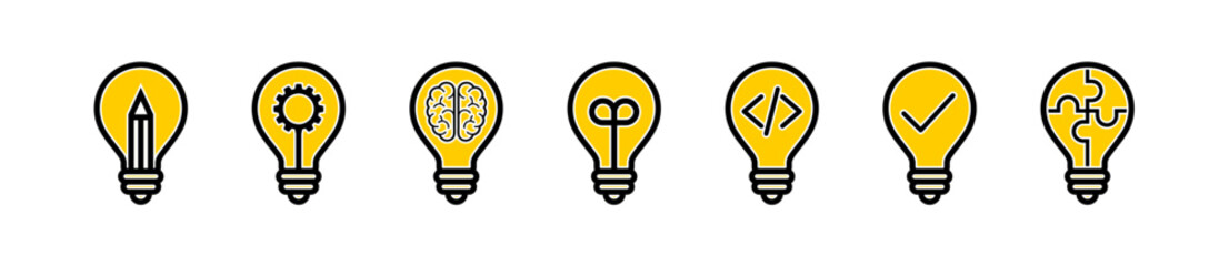 light bulb vector icons set. idea lightbulb symbol. black and yellow solution or think smart bright lamp sign. fact or innovation flat pictogram. creative idea icon collection
