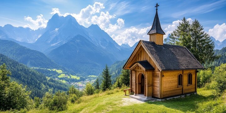 A delightful little wooden church is situated against a backdrop of mountains, featuring a baptismal area, creating a picturesque and serene scene.