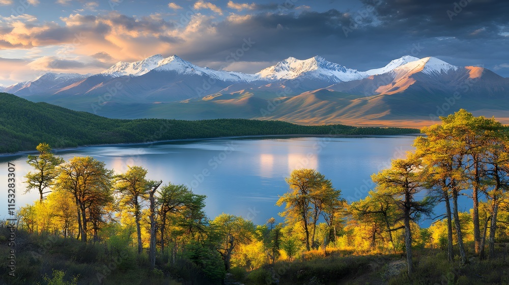 Poster wide-angle view of pe khuvsgul lake surrounded by dense forests and snow-capped mountains glowing un