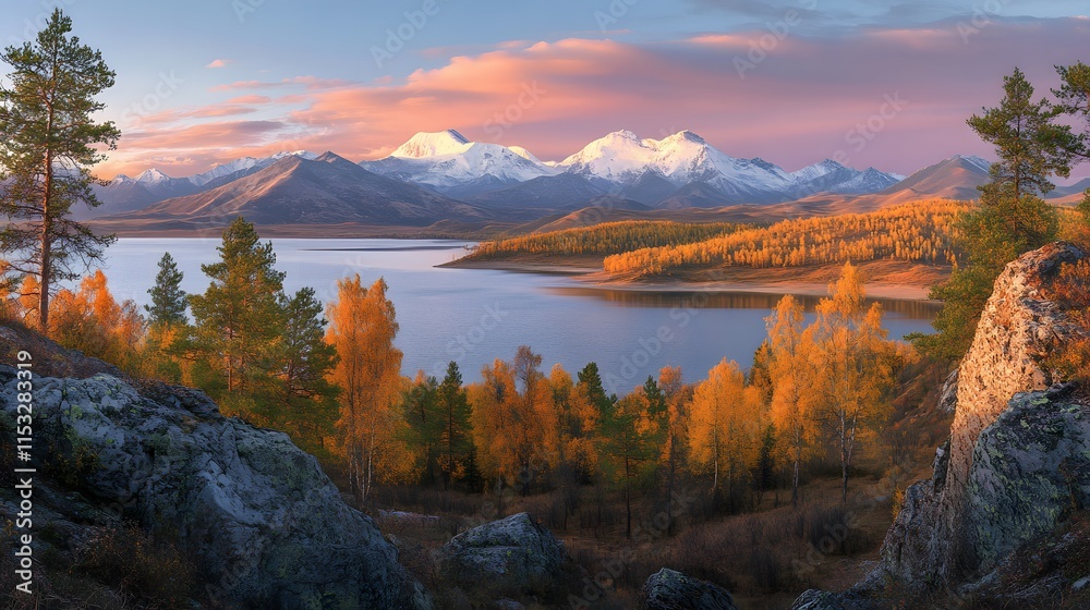 Poster wide-angle view of pe khuvsgul lake surrounded by dense forests and snow-capped mountains glowing un