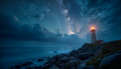 Lighthouse In Storm - Leader And Vision Concept - Landscape With Milky Way Against Dramatic Sky