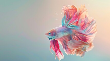 Fototapeta premium A dazzling betta fish with flowing, multicolored fins, suspended gracefully in water against a plain background.