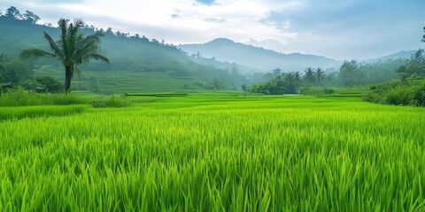 Fototapeta premium Organic rice farm featuring lush green plants set against a natural background, showcasing the beauty of sustainable agriculture in an organic rice farm environment.