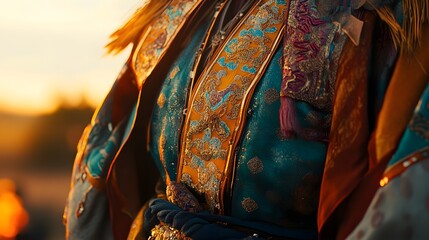 Obraz premium Close-up of a colorful Mongolian traditional costume glowing softly in Pe warm firelight, in 4K resolution