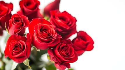 Obraz premium Closeup of a vibrant bouquet of red roses set against a white background, capturing the beauty and elegance of red roses in stunning detail. Perfect for showcasing red roses in floral art.