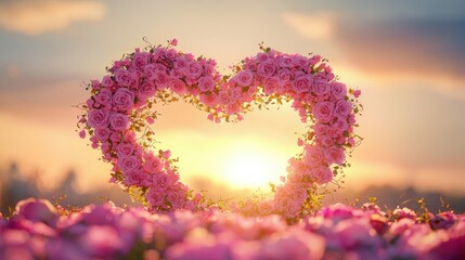 Fototapeta premium Beautiful Heart Shaped Floral Arrangement with Pink Roses at Sunset