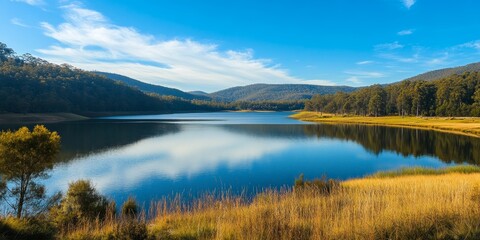 Fototapeta premium Serene Derwent Valley Reservoir surrounded by nature, showcasing a stunning landscape with a dam, perfect for outdoor enthusiasts seeking tranquility near the reservoir and dam s scenic beauty.