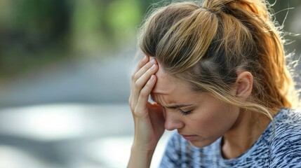Woman experiencing headache or stress holding her head. Potential applications: healthcare, mental wellness, stress management, pain relief, therapy.