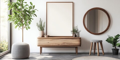 Stylish Scandinavian interior design featuring a living room with a mock up poster frame, wooden console, decorative plants, chic grey stool, and elegant personal accessories in modern home decor.