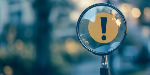 Magnifying glass featuring an exclamation warning sign, emphasizing caution and alertness. The magnifying glass highlights the importance of attention to warning signs and safety.
