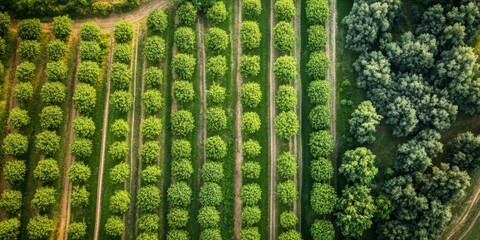 Aerial view showcasing the lush orchards from an elevated perspective. This breathtaking aerial view highlights the beauty of orchards stretching across the landscape.
