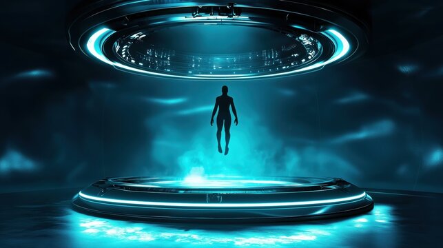 Silhouette of person floating in a circular platform with blue light in teleportation setting