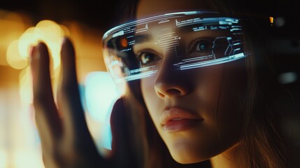 Person using virtual reality headset in a neon-lit environment with digital interface