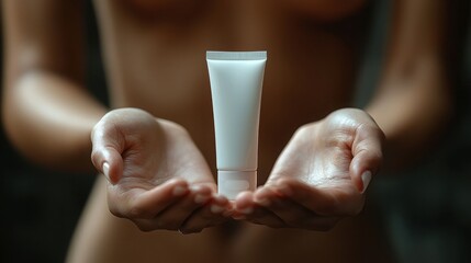 A woman of unspecified ethnicity holds a white cosmetic tube in her hands, showcasing it against a blurred background, emphasizing beauty and personal care.